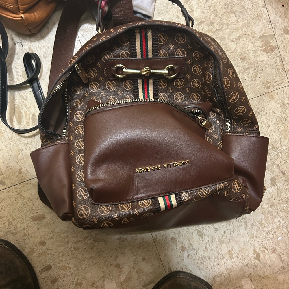 Adrienne Vittadini Brown Monogram Backpack with Leather Accents